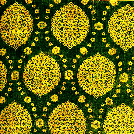 Dark Green and Gold Silk Ogee Patterned Damask